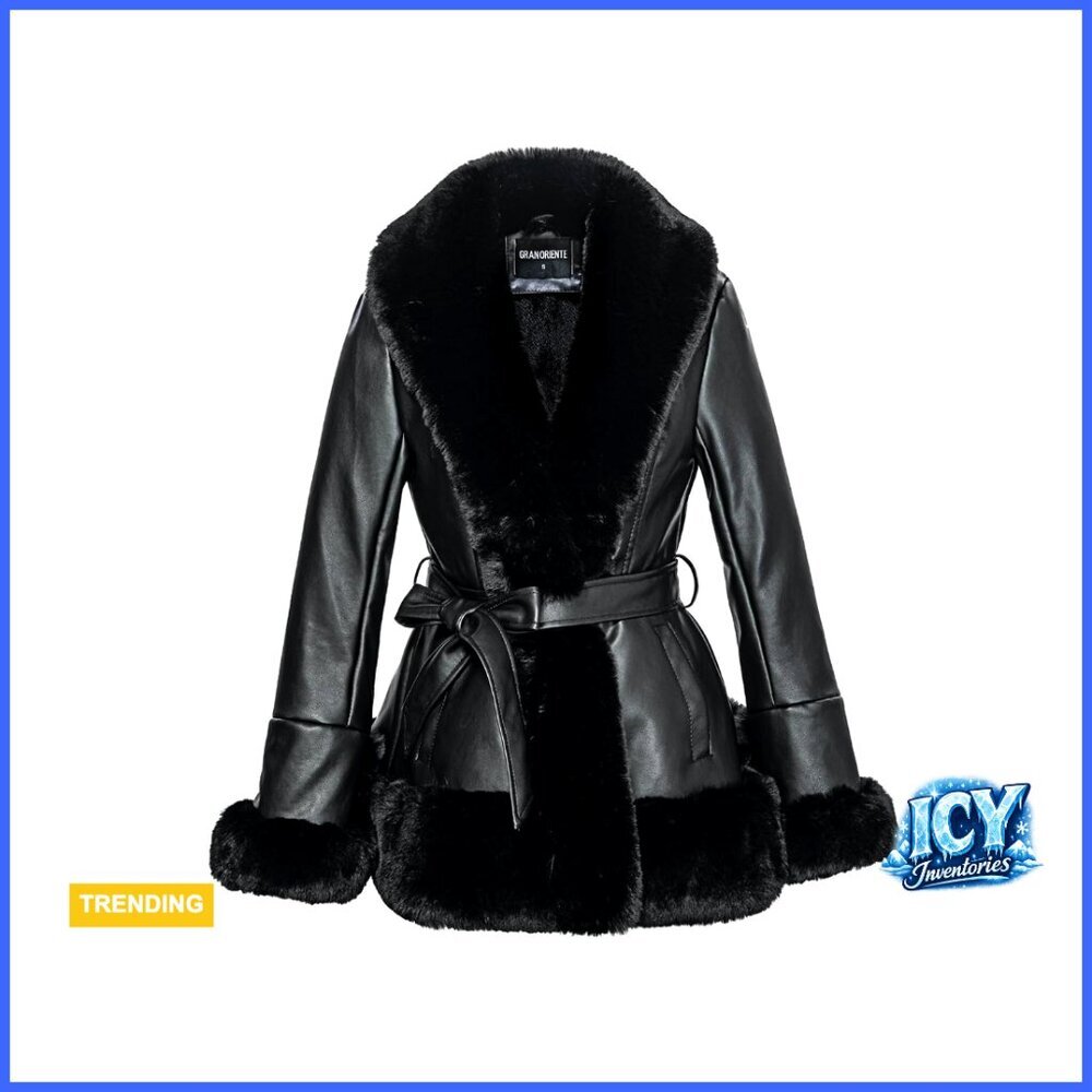 Faux Leather Jacket with Faux Fur Collar, Peplum Parka Coat with Belt